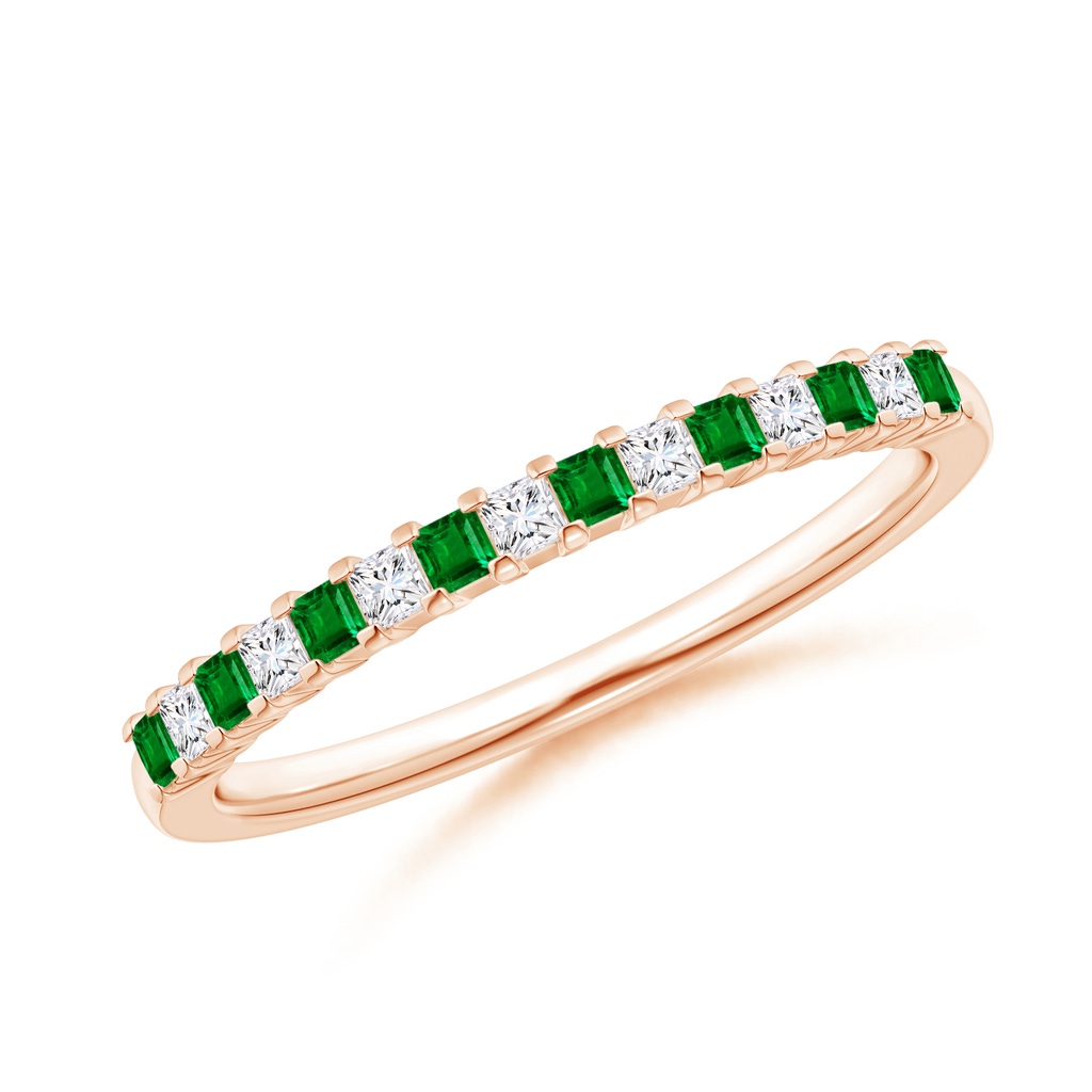 1.5mm AAAA Square Emerald and Princess Diamond Semi Eternity Classic Wedding Band in Rose Gold