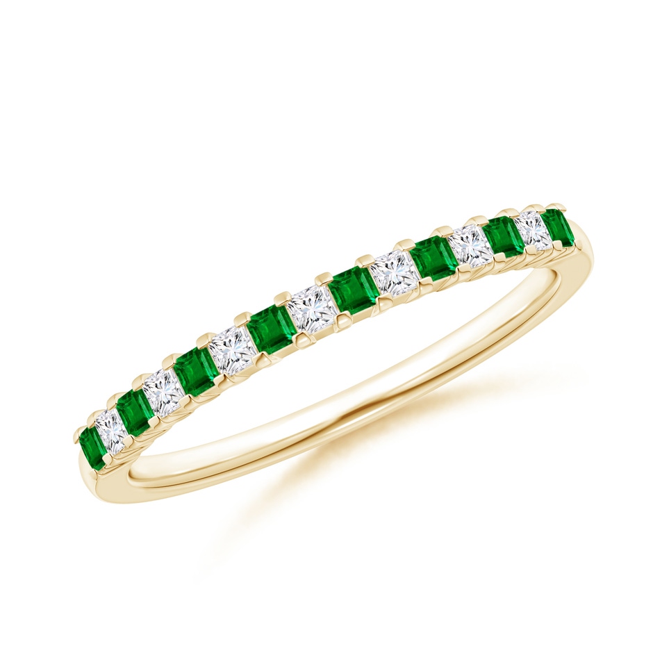 1.5mm AAAA Square Emerald and Princess Diamond Semi Eternity Classic Wedding Band in Yellow Gold 