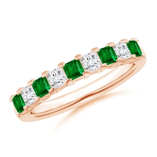 2.6mm AAAA Square Emerald and Princess Diamond Semi Eternity Classic Wedding Band in Rose Gold