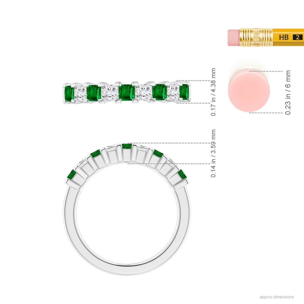 2.6mm AAAA Square Emerald and Princess Diamond Semi Eternity Classic Wedding Band in White Gold Ruler