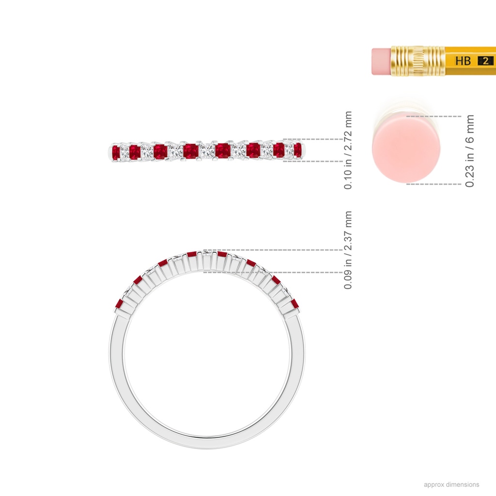 1.5mm AAA Square Ruby and Princess Diamond Semi Eternity Classic Wedding Band in White Gold Ruler