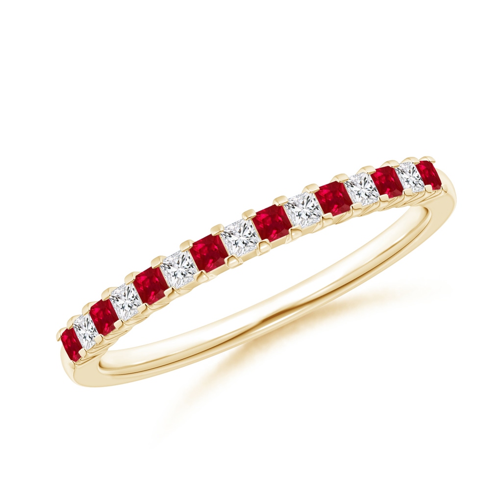 1.5mm AAA Square Ruby and Princess Diamond Semi Eternity Classic Wedding Band in Yellow Gold 