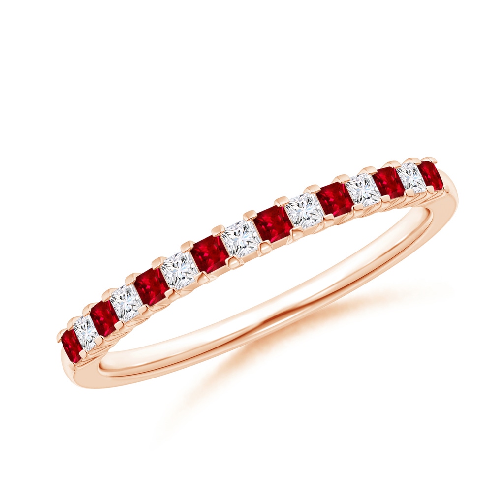1.5mm AAAA Square Ruby and Princess Diamond Semi Eternity Classic Wedding Band in Rose Gold