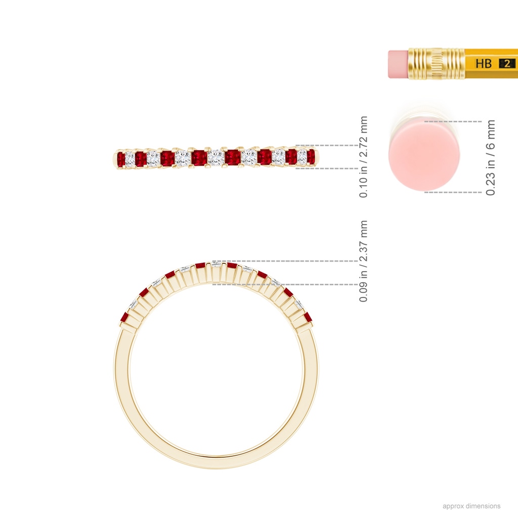 1.5mm AAAA Square Ruby and Princess Diamond Semi Eternity Classic Wedding Band in Yellow Gold Ruler