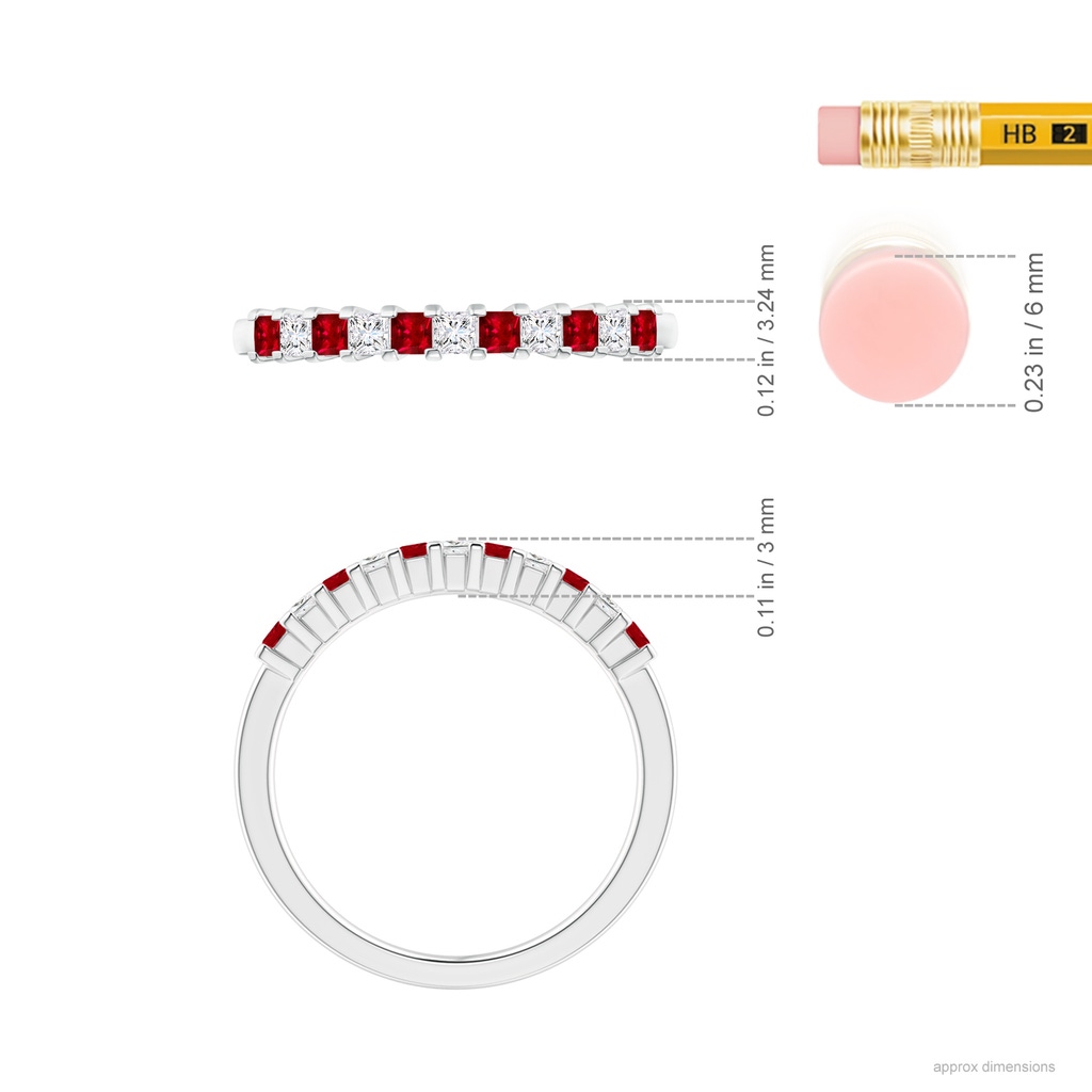 1.9mm AAAA Square Ruby and Princess Diamond Semi Eternity Classic Wedding Band in P950 Platinum Ruler