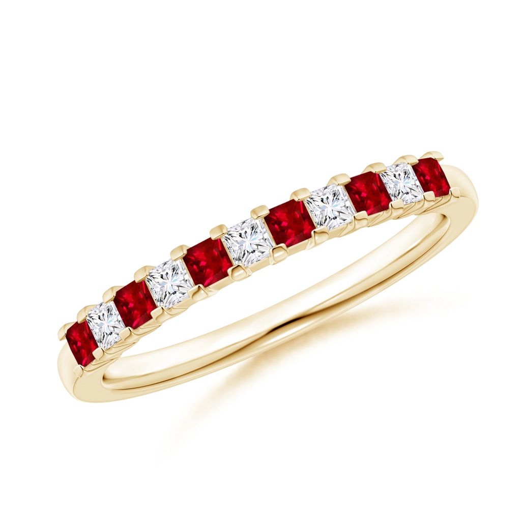 1.9mm AAAA Square Ruby and Princess Diamond Semi Eternity Classic Wedding Band in Yellow Gold