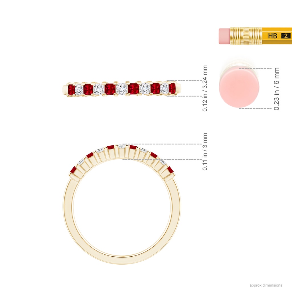 1.9mm AAAA Square Ruby and Princess Diamond Semi Eternity Classic Wedding Band in Yellow Gold Ruler