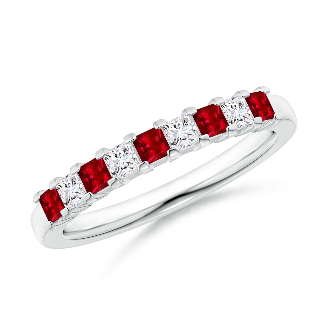 2.2mm AAAA Square Ruby and Princess Diamond Semi Eternity Classic Wedding Band in P950 Platinum 