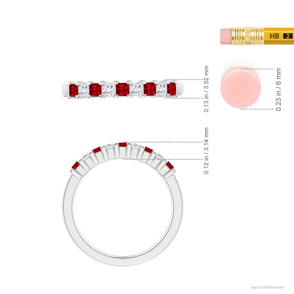 2.2mm AAAA Square Ruby and Princess Diamond Semi Eternity Classic Wedding Band in P950 Platinum Ruler