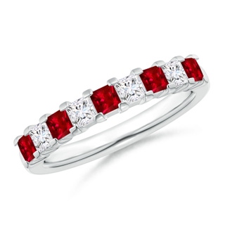 2.6mm AAAA Square Ruby and Princess Diamond Semi Eternity Classic Wedding Band in P950 Platinum