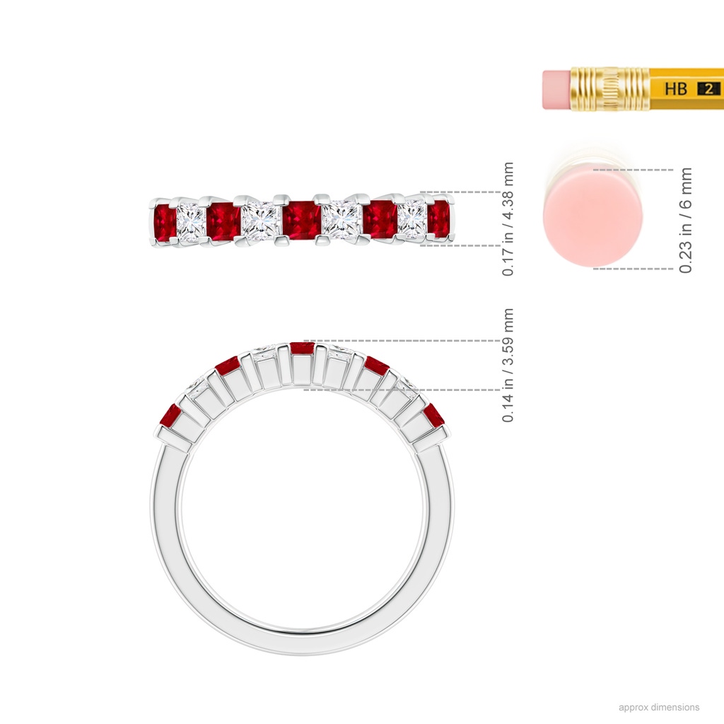 2.6mm AAAA Square Ruby and Princess Diamond Semi Eternity Classic Wedding Band in P950 Platinum Ruler