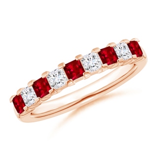 2.6mm AAAA Square Ruby and Princess Diamond Semi Eternity Classic Wedding Band in Rose Gold