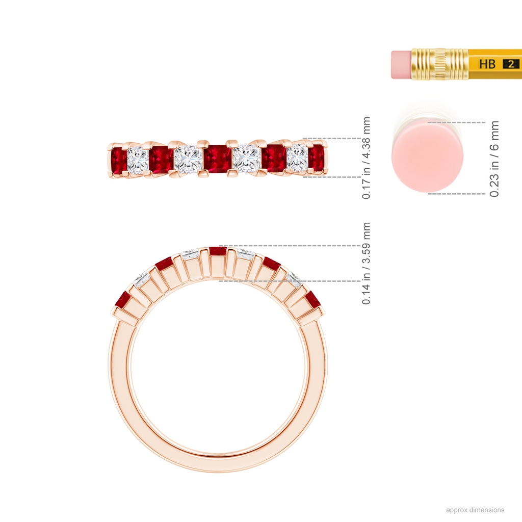 2.6mm AAAA Square Ruby and Princess Diamond Semi Eternity Classic Wedding Band in Rose Gold Ruler