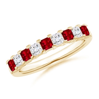 2.6mm AAAA Square Ruby and Princess Diamond Semi Eternity Classic Wedding Band in Yellow Gold