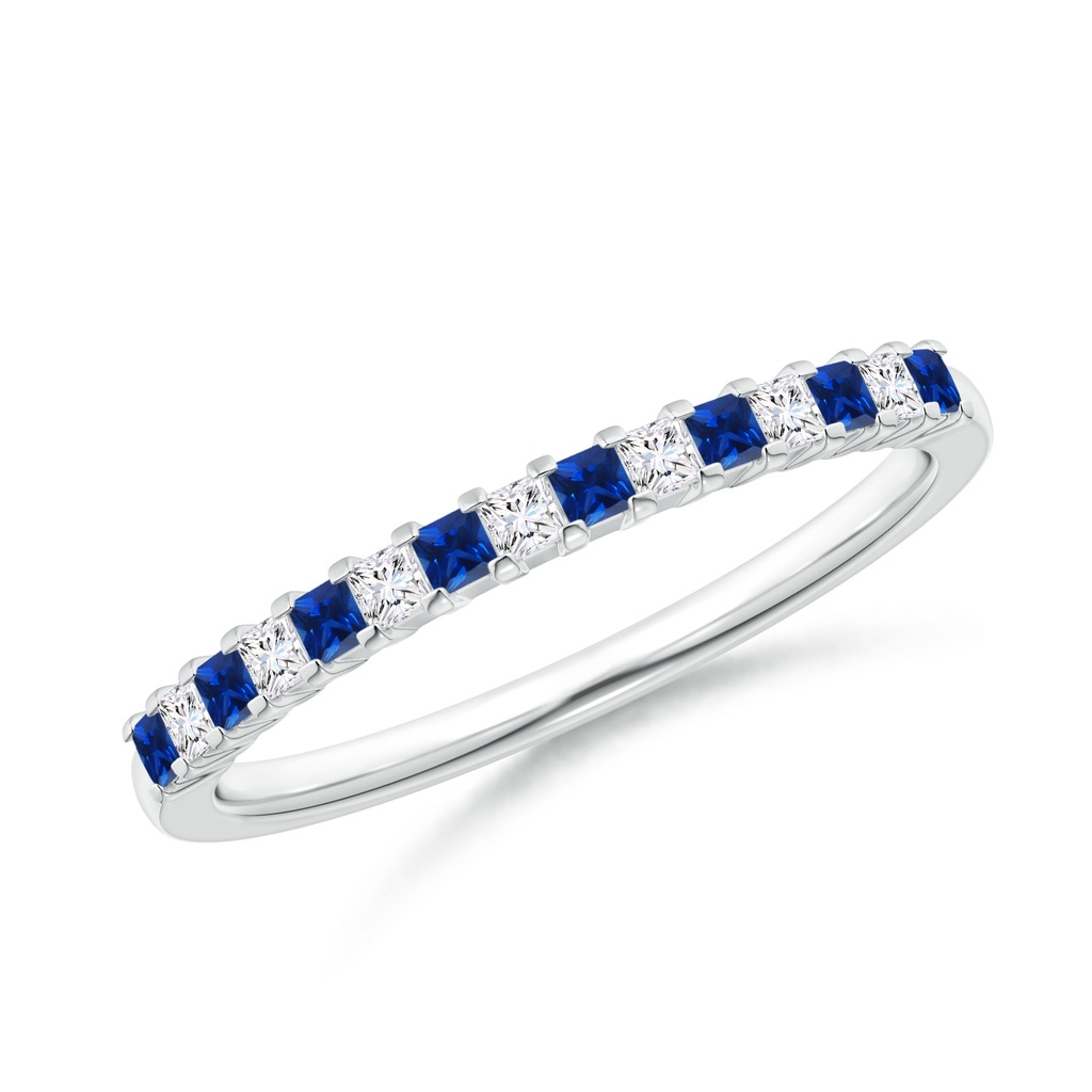 1.5mm AAAA Blue Sapphire and Diamond Semi Eternity Classic Wedding Band in 10K White Gold