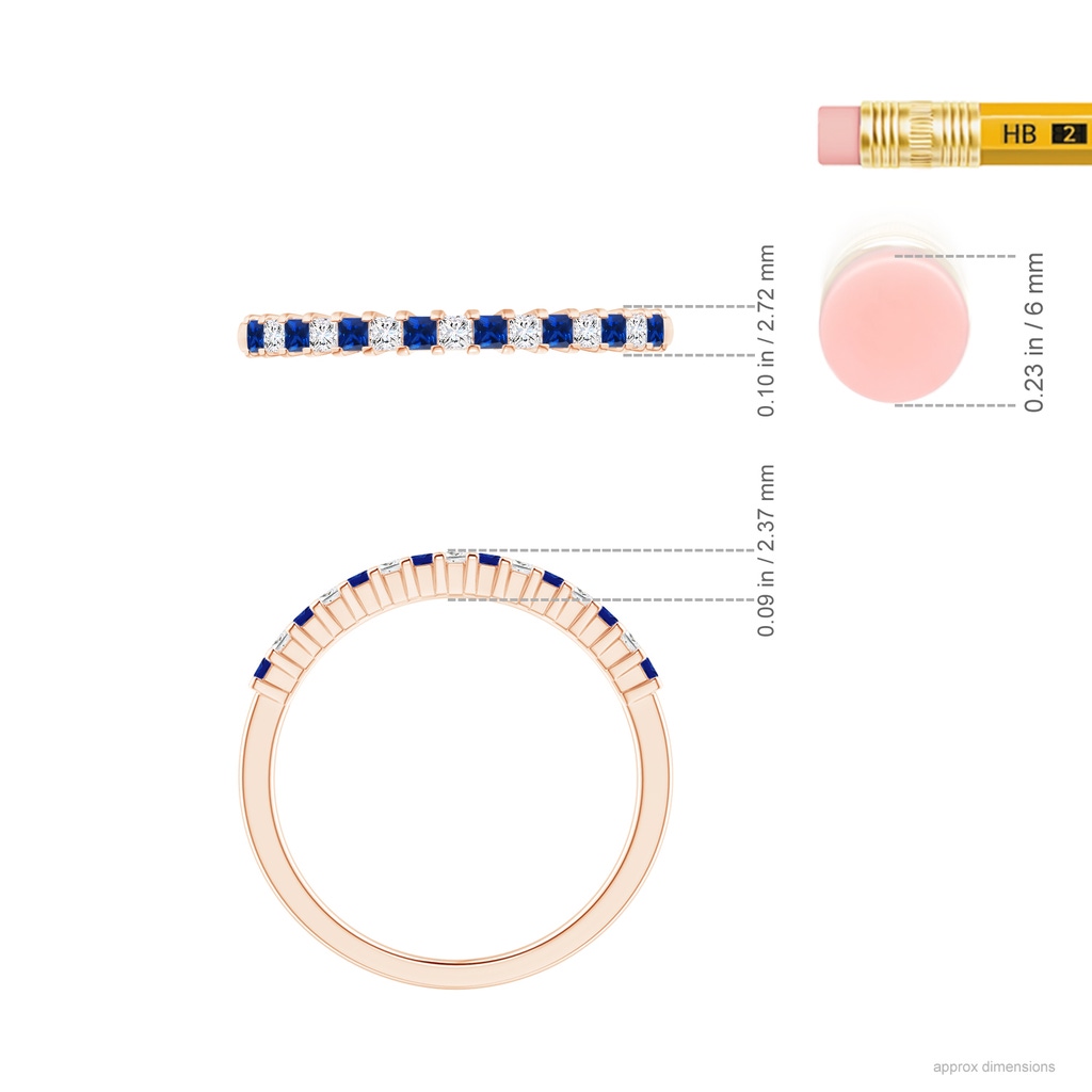 1.5mm AAAA Blue Sapphire and Diamond Semi Eternity Classic Wedding Band in Rose Gold Ruler