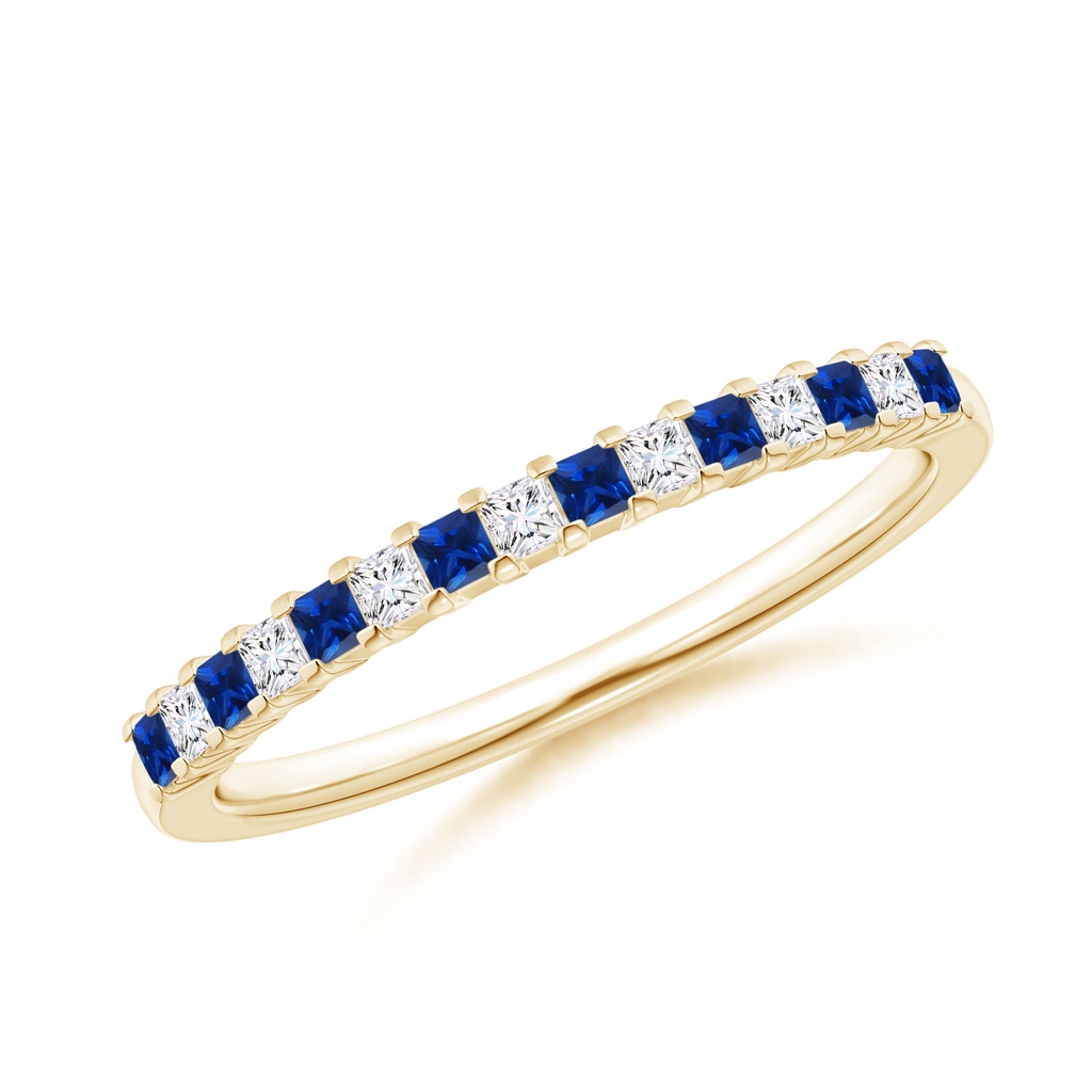 1.5mm AAAA Blue Sapphire and Diamond Semi Eternity Classic Wedding Band in Yellow Gold