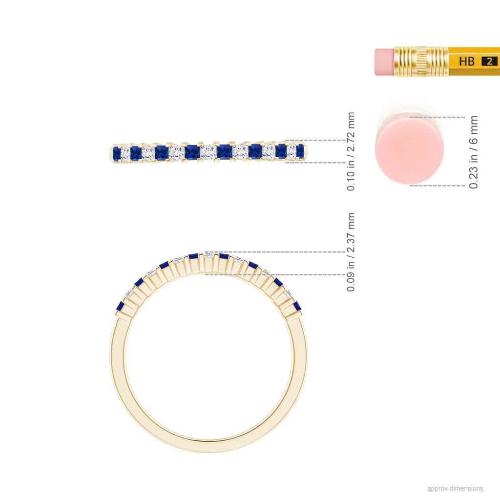 1.5mm AAAA Blue Sapphire and Diamond Semi Eternity Classic Wedding Band in Yellow Gold Ruler