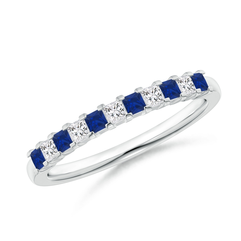 1.9mm AAA Blue Sapphire and Diamond Semi Eternity Classic Wedding Band in White Gold