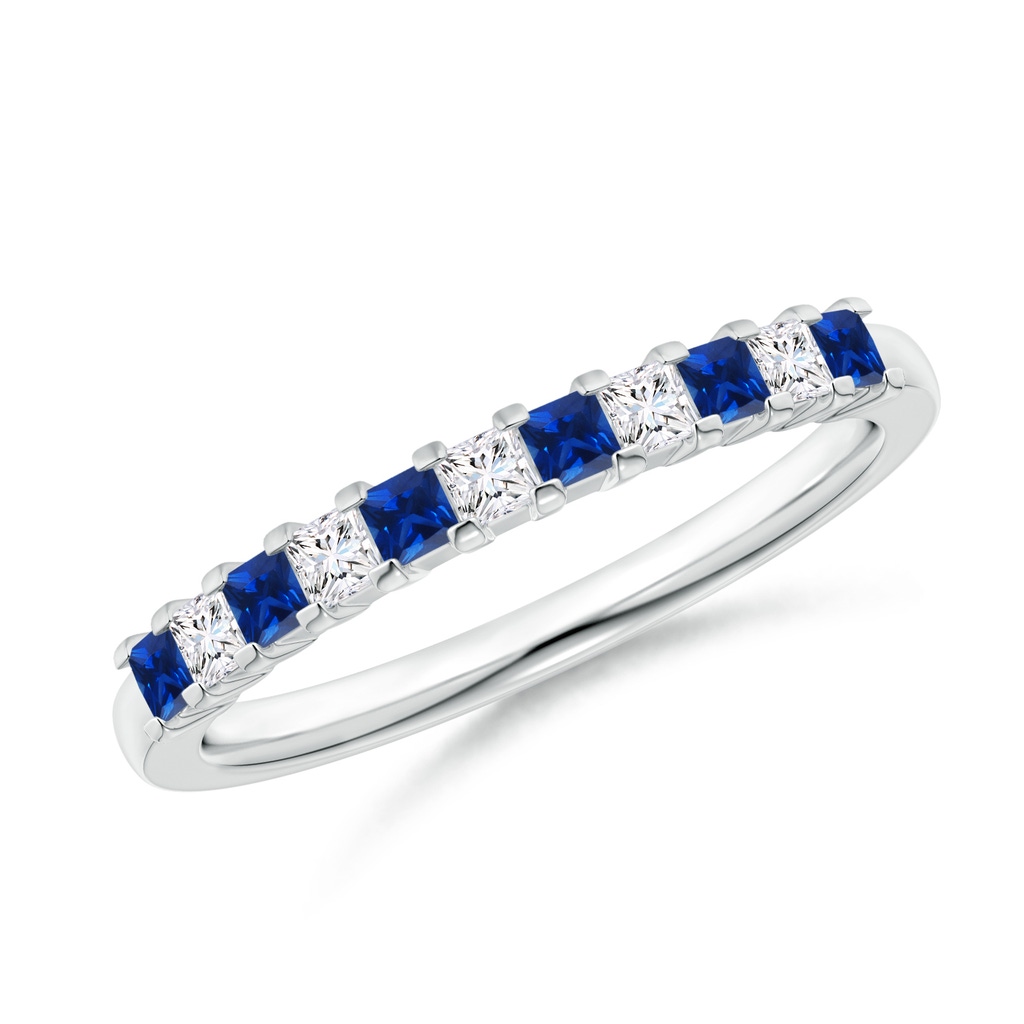 1.9mm AAAA Blue Sapphire and Diamond Semi Eternity Classic Wedding Band in 9K White Gold