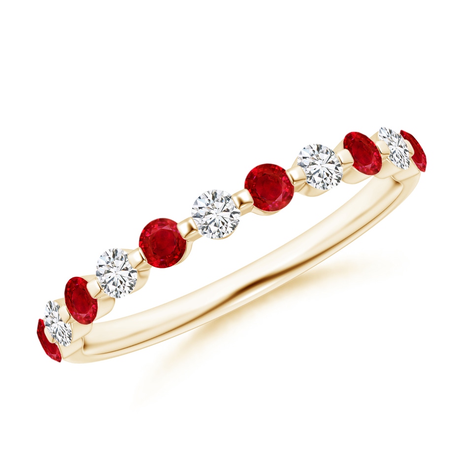 2.2mm AAA Floating Ruby and Diamond Semi Eternity Wedding Band for Her in Yellow Gold 