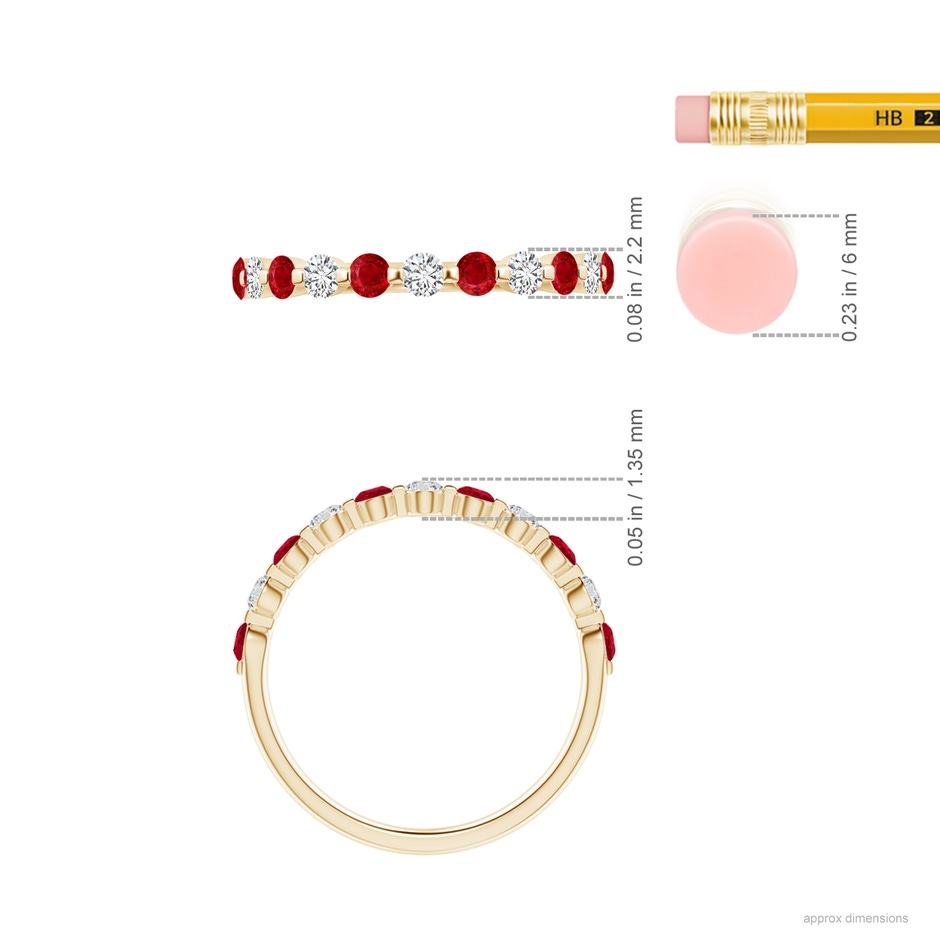 2.2mm AAA Floating Ruby and Diamond Semi Eternity Wedding Band for Her in Yellow Gold ruler