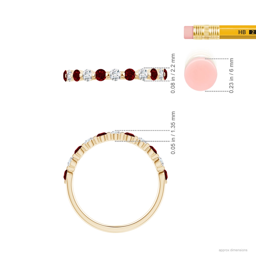 2.2mm AAAA Floating Ruby and Diamond Semi Eternity Wedding Band for Her in Yellow Gold Ruler