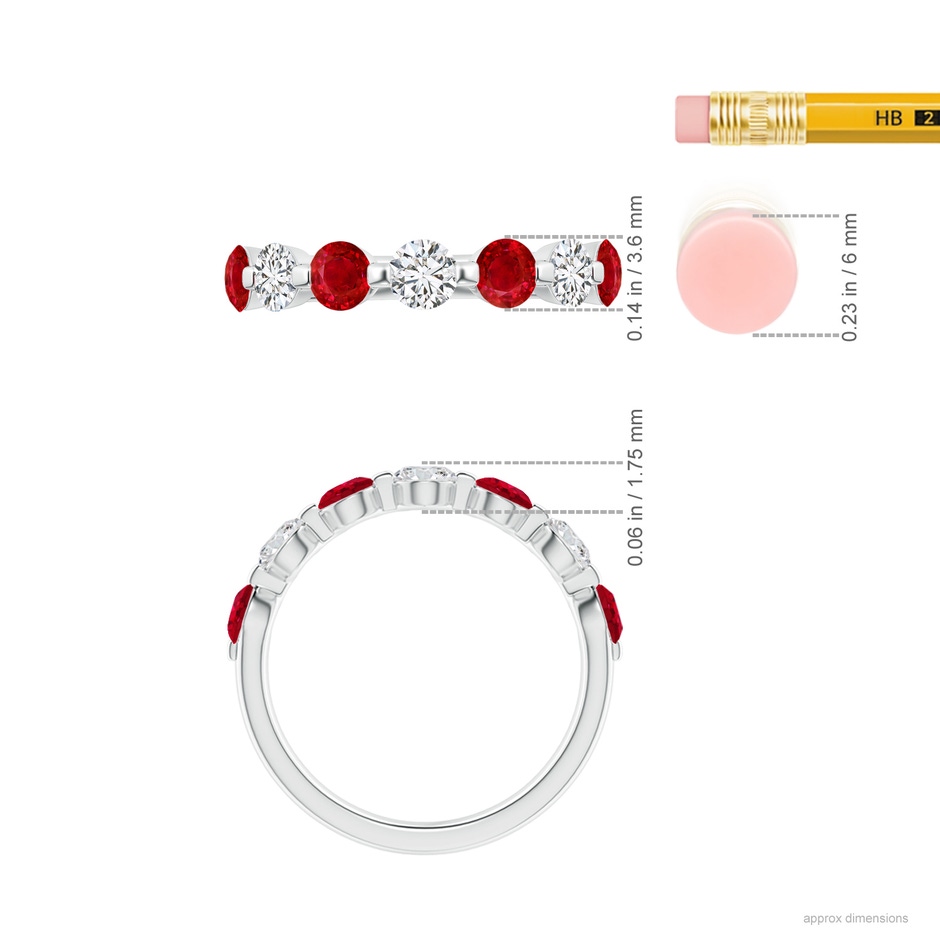 3.6mm AAA Floating Ruby and Diamond Semi Eternity Wedding Band for Her in White Gold ruler