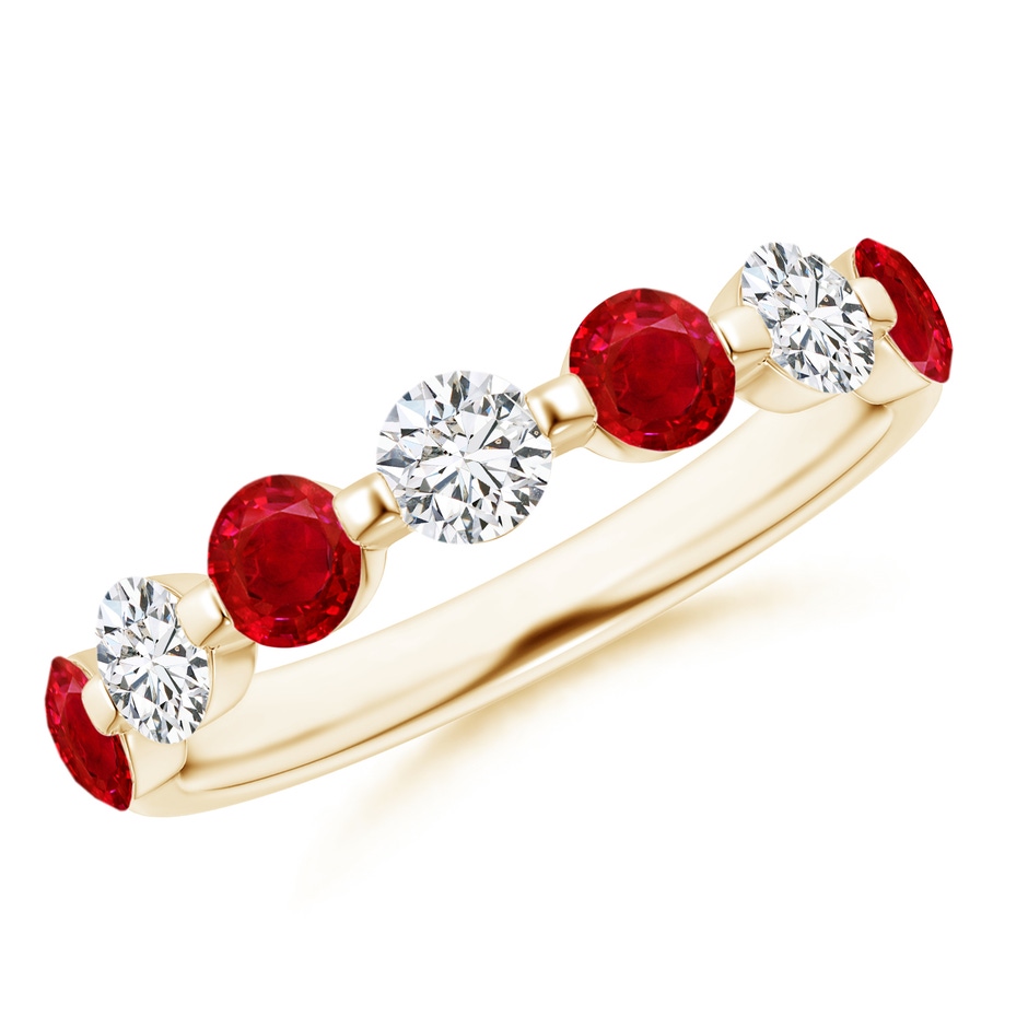 3.6mm AAA Floating Ruby and Diamond Semi Eternity Wedding Band for Her in Yellow Gold 