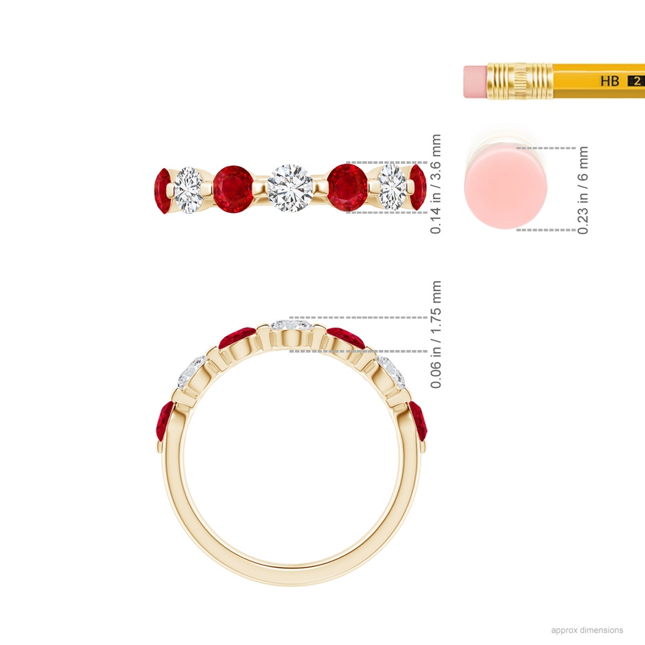 3.6mm AAA Floating Ruby and Diamond Semi Eternity Wedding Band for Her in Yellow Gold ruler