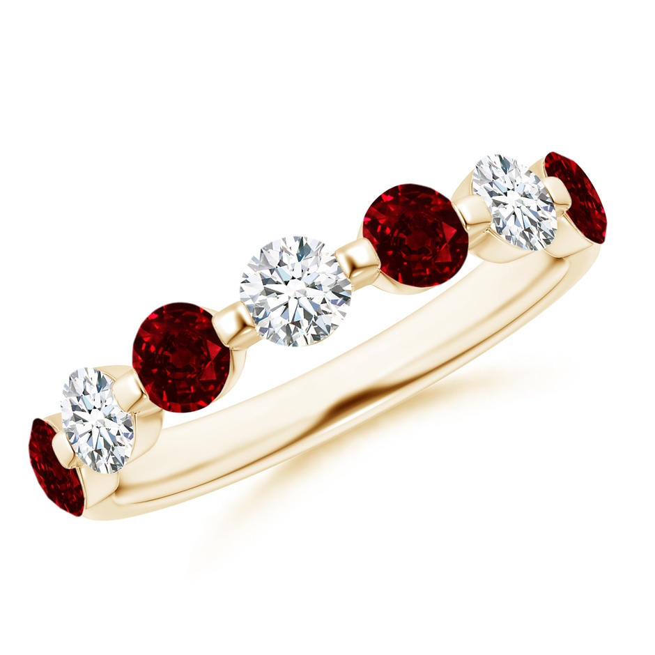 3.6mm AAAA Floating Ruby and Diamond Semi Eternity Wedding Band for Her in Yellow Gold 