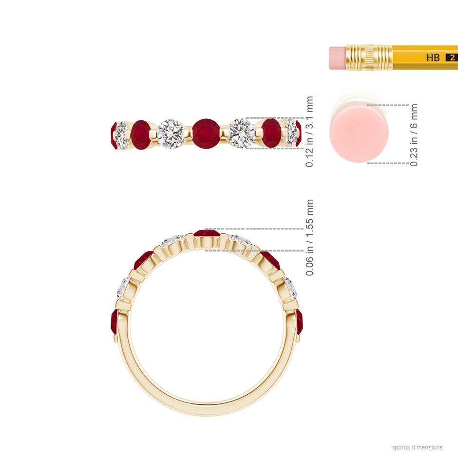 3mm AA Floating Ruby and Diamond Semi Eternity Wedding Band for Her in Yellow Gold ruler