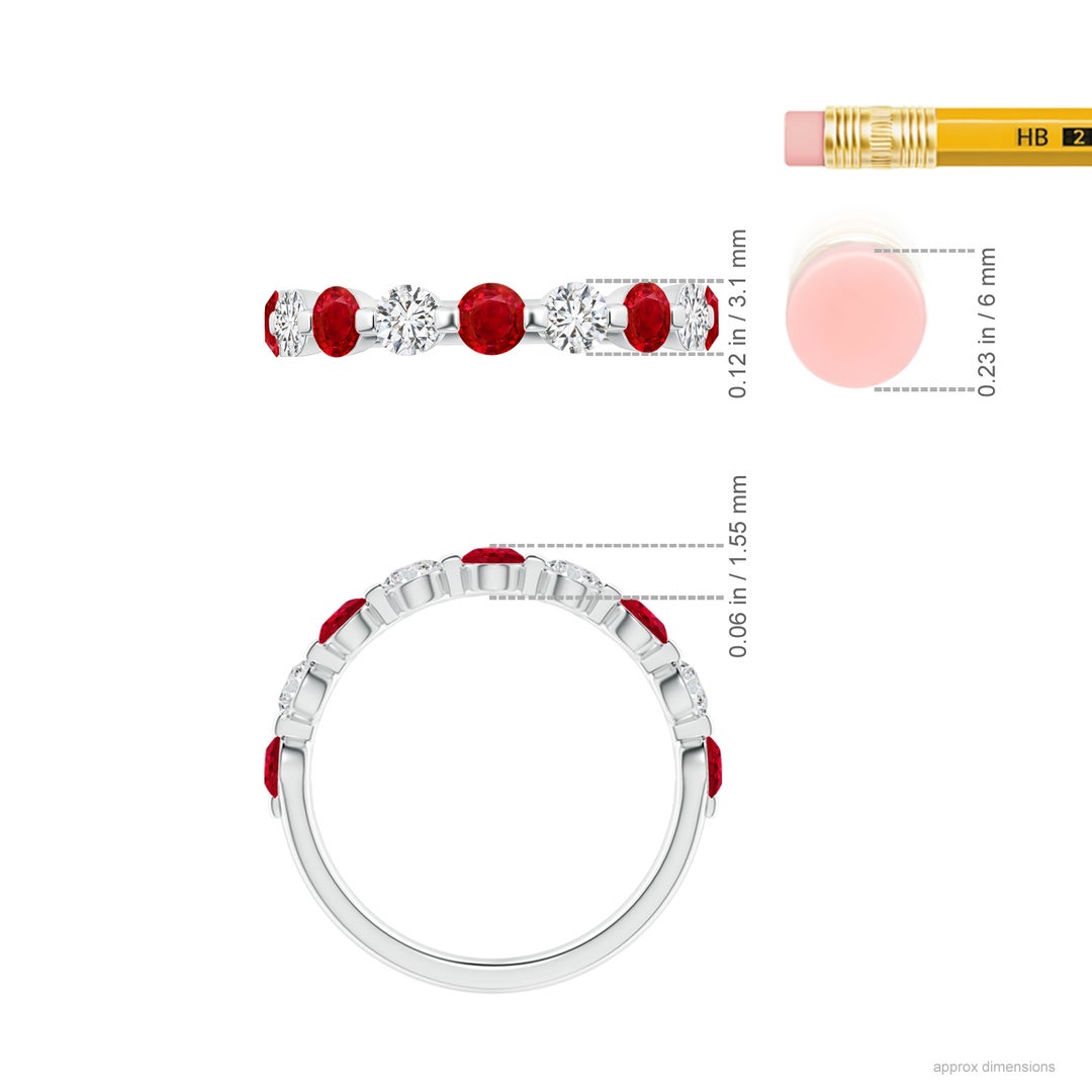 3mm AAA Floating Ruby and Diamond Semi Eternity Wedding Band for Her in White Gold - ruler