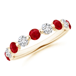 3mm AAA Floating Ruby and Diamond Semi Eternity Wedding Band for Her in Yellow Gold