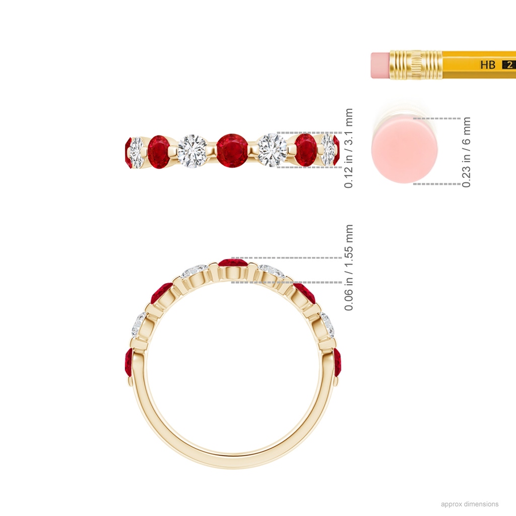 3mm AAA Floating Ruby and Diamond Semi Eternity Wedding Band for Her in Yellow Gold Ruler