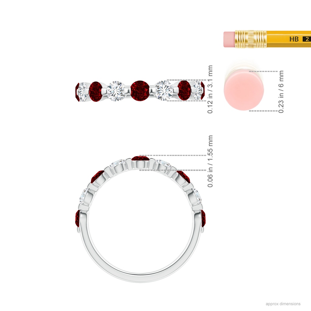 3mm AAAA Floating Ruby and Diamond Semi Eternity Wedding Band for Her in White Gold Ruler