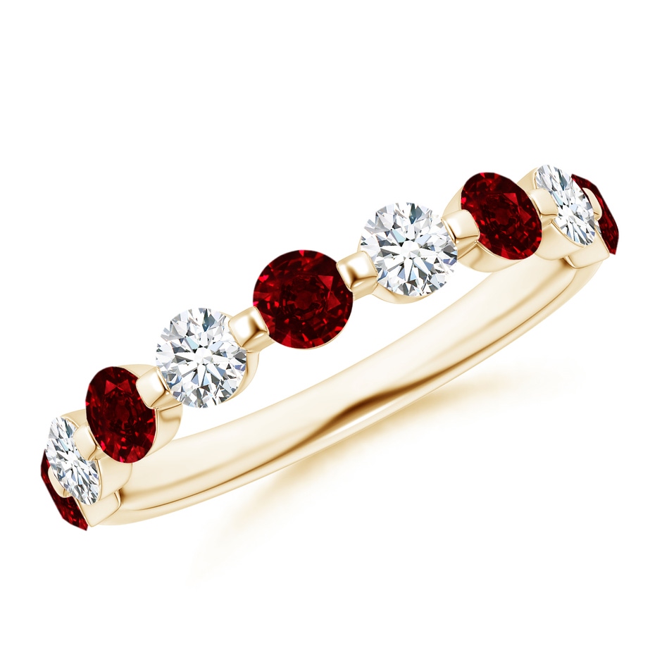 3mm AAAA Floating Ruby and Diamond Semi Eternity Wedding Band for Her in Yellow Gold 