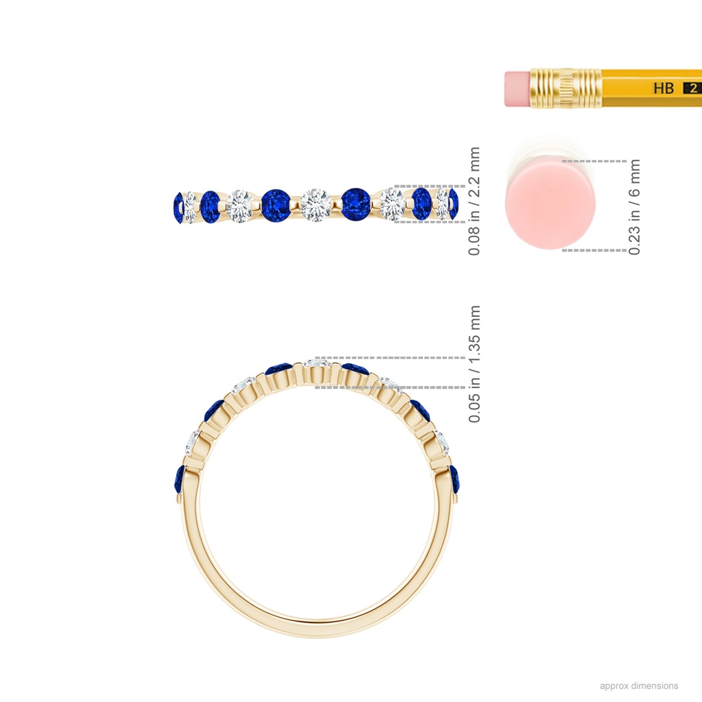 2.2mm AAAA Floating Sapphire and Diamond Semi Eternity Wedding Band in Yellow Gold Ruler