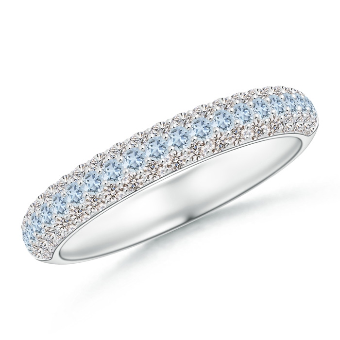1.5mm A Triple Row Round Aquamarine and Diamond Wedding Band in White Gold 