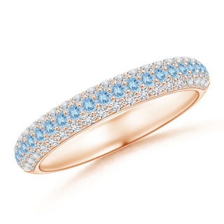 1.5mm AAA Triple Row Round Aquamarine and Diamond Wedding Band in 9K Rose Gold