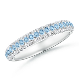 1.5mm AAA Triple Row Round Aquamarine and Diamond Wedding Band in White Gold