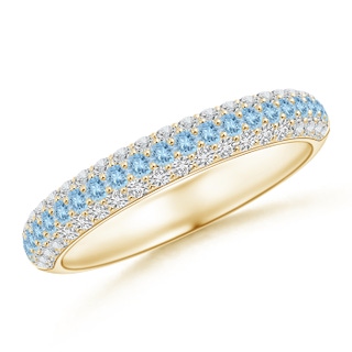 1.5mm AAA Triple Row Round Aquamarine and Diamond Wedding Band in Yellow Gold