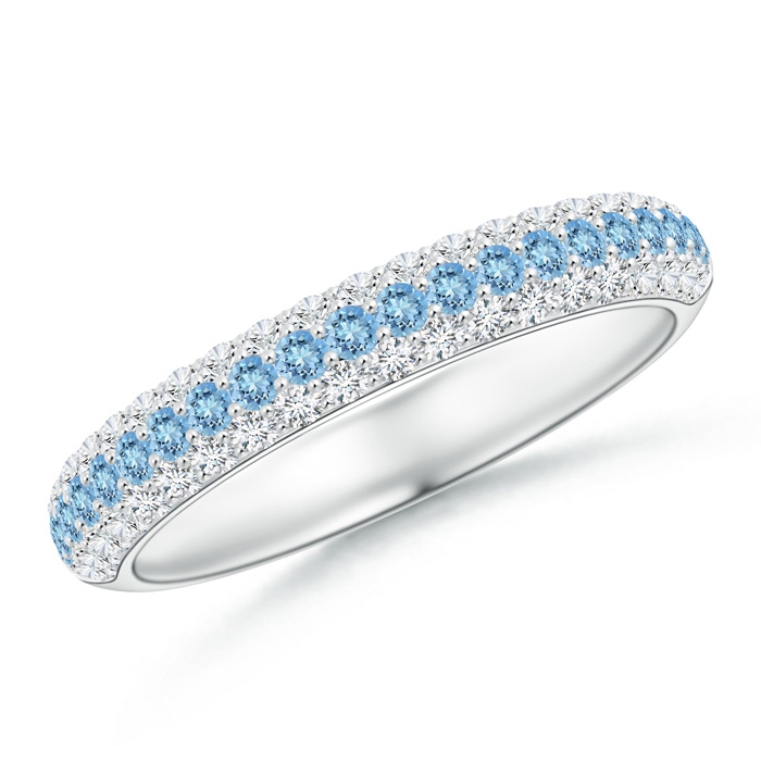 1.5mm AAAA Triple Row Round Aquamarine and Diamond Wedding Band in White Gold 