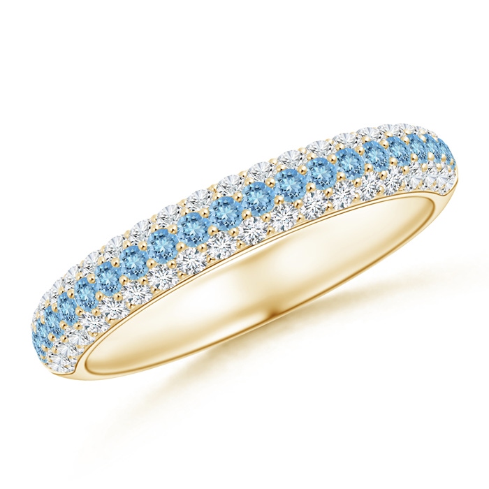 1.5mm AAAA Triple Row Round Aquamarine and Diamond Wedding Band in Yellow Gold 