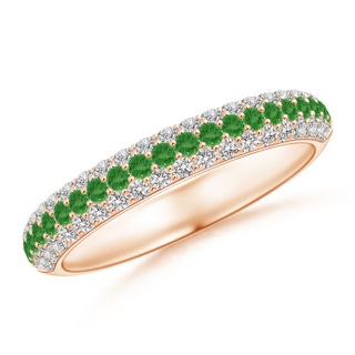 1.5mm AA Triple Row Round Tsavorite and Diamond Wedding Band in Rose Gold