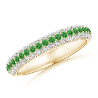 1.5mm AAA Triple Row Round Tsavorite and Diamond Wedding Band in Yellow Gold