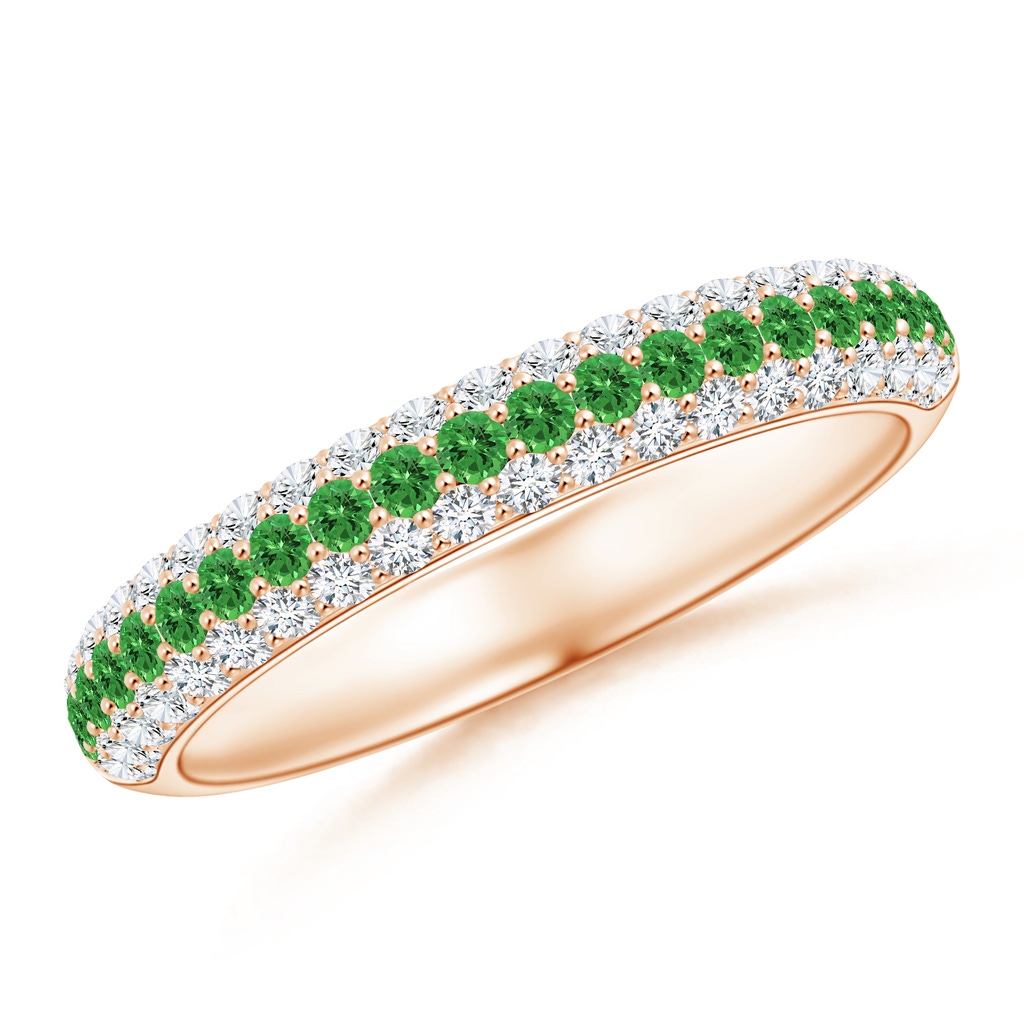 1.5mm AAAA Triple Row Round Tsavorite and Diamond Wedding Band in Rose Gold