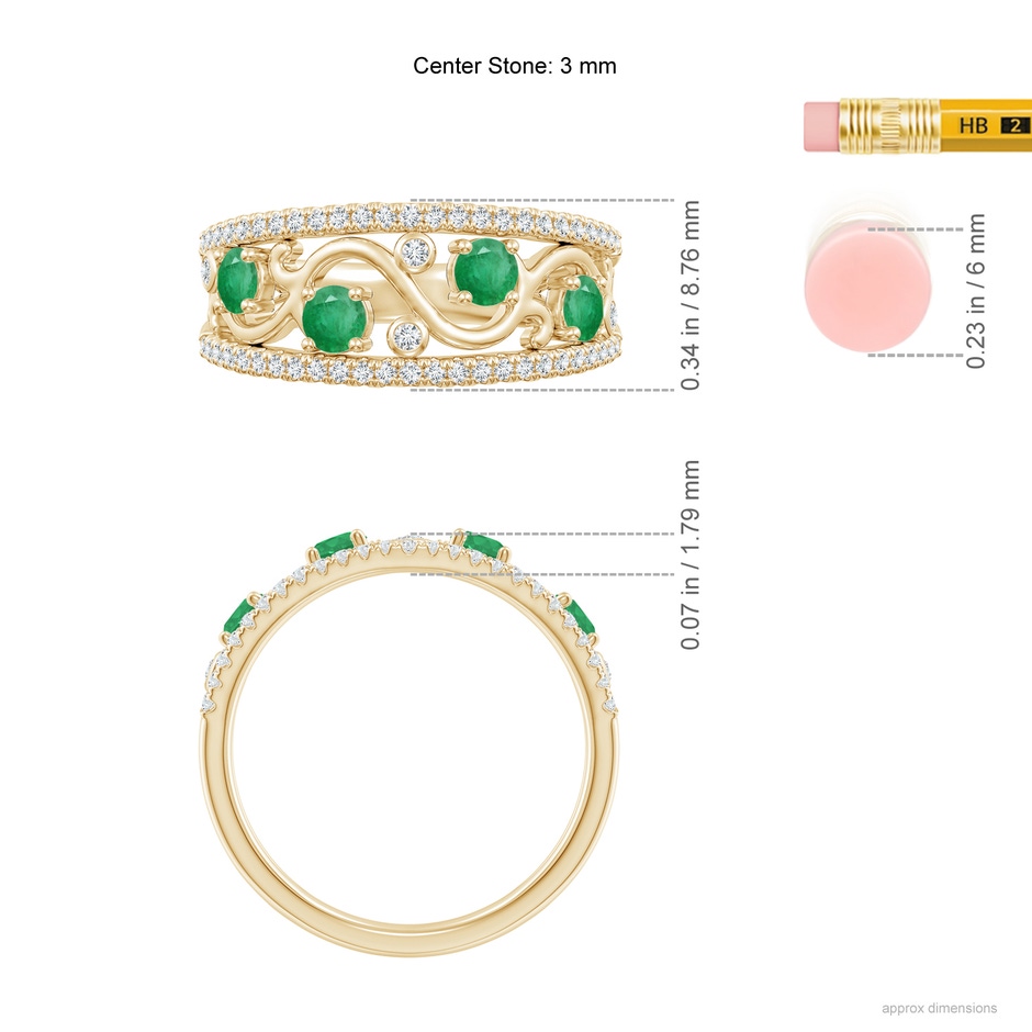 3mm A Nature Inspired Round Emerald & Diamond Filigree Band in Yellow Gold ruler