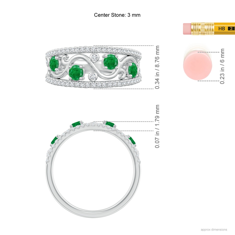 3mm AA Nature Inspired Round Emerald & Diamond Filigree Band in White Gold ruler