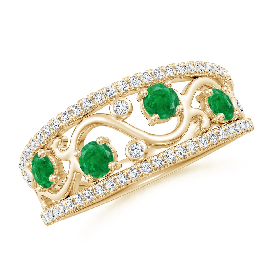 3mm AA Nature Inspired Round Emerald & Diamond Filigree Band in Yellow Gold 